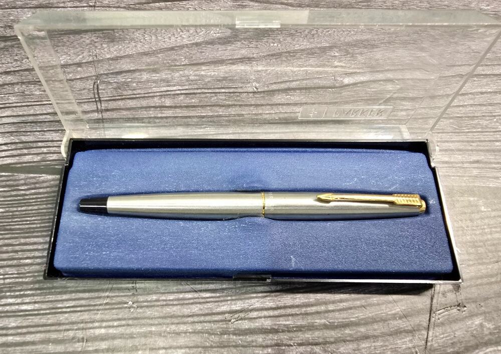 Vintage Parker 45 Flighter Fountain Pen Stainless Steel Gold Trim USA w/ Case